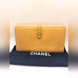 Chanel Coco Button Beige Gold Long Grained Wallet